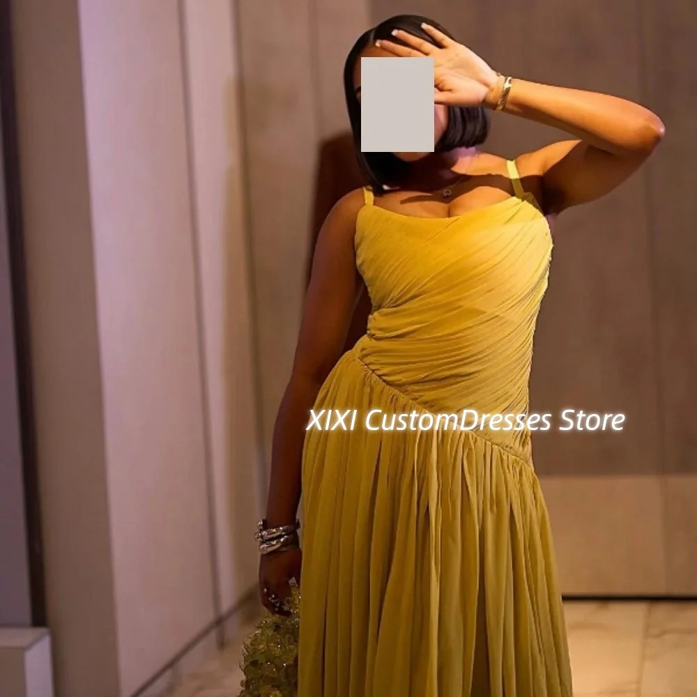 Gaun Malam Dubai Gaun Acara Formal A-Line Ruffle Panjang Hingga Mata Kaki Ritsleting Tali Spaghetti Vestidos De Fiesta Tanpa Lengan