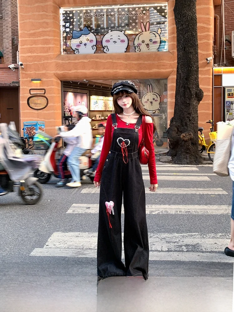 

Street Style Sweet And Spicy Escape Girl Denim Overalls Women's Spring Summer Wide Leg Workwear Pants High Waist Long Trouser...