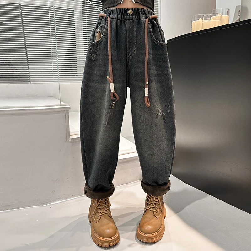 

New Autumn Kids Child Relaxed Fit Jeans with Drawstring for Boys And Girls Unisex Loose Casual Denim Pants Age 5 7 9 11 13 14 Y