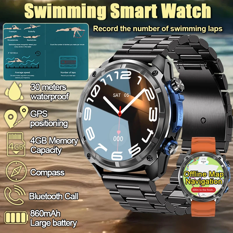 

2025 Swim Smart Watch Outdoor Sports GPS Watches Corning Gorilla Glass 4GB Memory Music GPS Map Sports Smartwatch 860MAH Battery