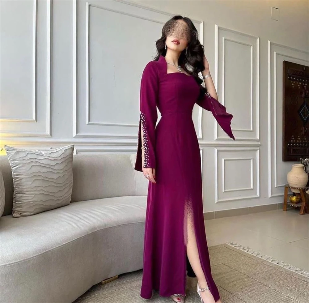 Long Sleeves Eleagnt Prom Dresses Simple Exquisite Square A-line Beading Satin Formal Occasion Gown Floor Length  Party Wedding