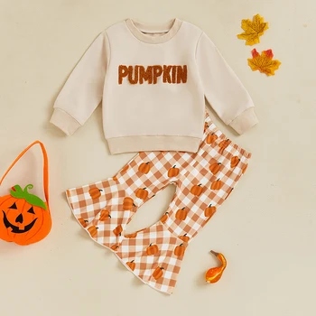 2020-06-21 Lioraitiin Kind Mädchen Halloween Set Brief bestickt Langarm Sweatshirt Plaid Kürbis Flare Hosen Outfits