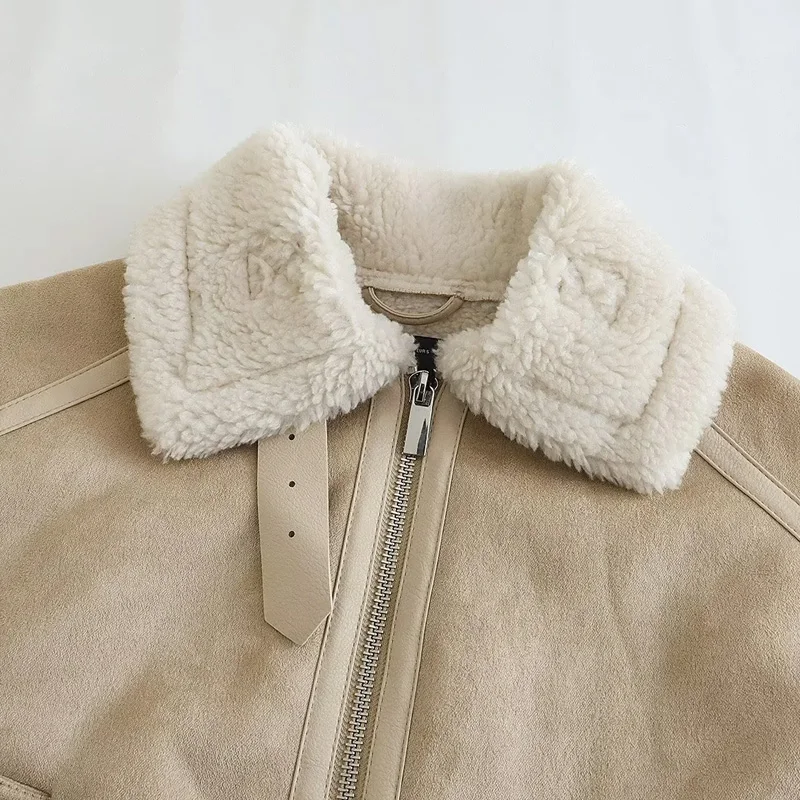 TRAF Fleece Cropped Jacket Outerwear Women 2024 Autumn Winter Elegant Khaki Short Jacket Fashion Casual Long Sleeve Plush Coat