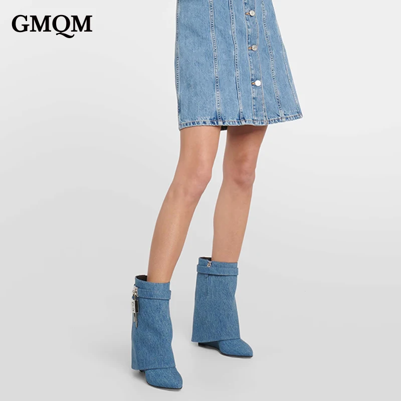 GMQM Genuine Leather Fashion Women\'s Mid-Calf Boots Platform Wedges Shark Lock Luxury Shoes Short Boots High Heels Pointed Toe