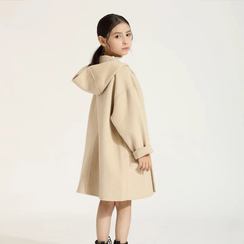 Abrigo de cachemir de doble cara para adolescentes, ropa de otoño e invierno para niñas, abrigo de lana grueso con capucha y estilo moderno para niñas de 4 a 12 años.