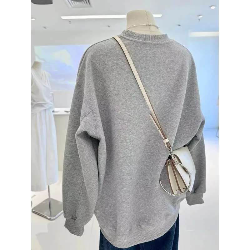 Jersey de manga larga versátil de estilo coreano con lazo bordado de encaje, sudadera con cuello redondo, Top informal para mujer