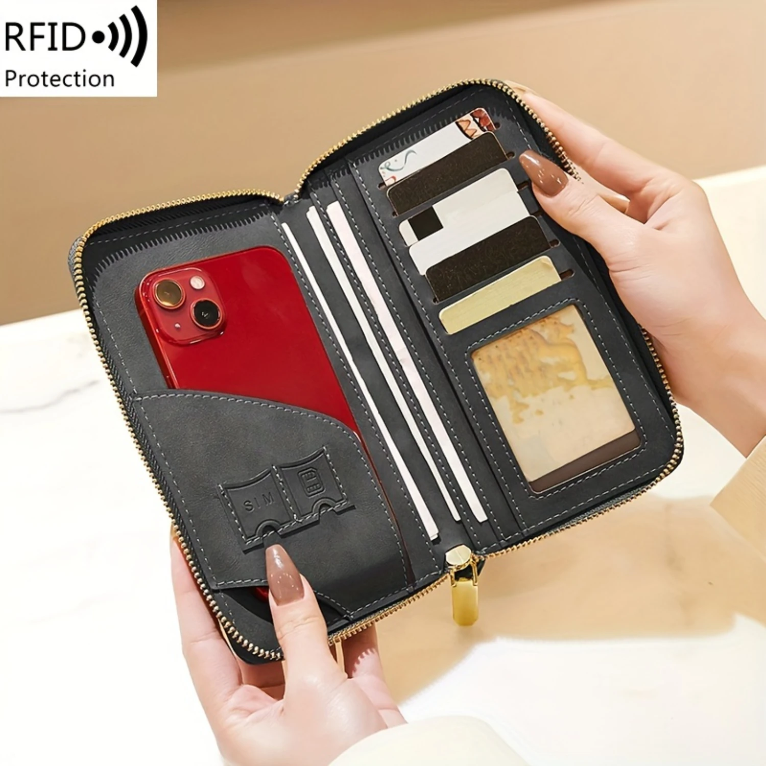 Portable Airplane Passport Holder, Multifunctional Zipper Clutch Long Wallet - Solid Color Travel Essential