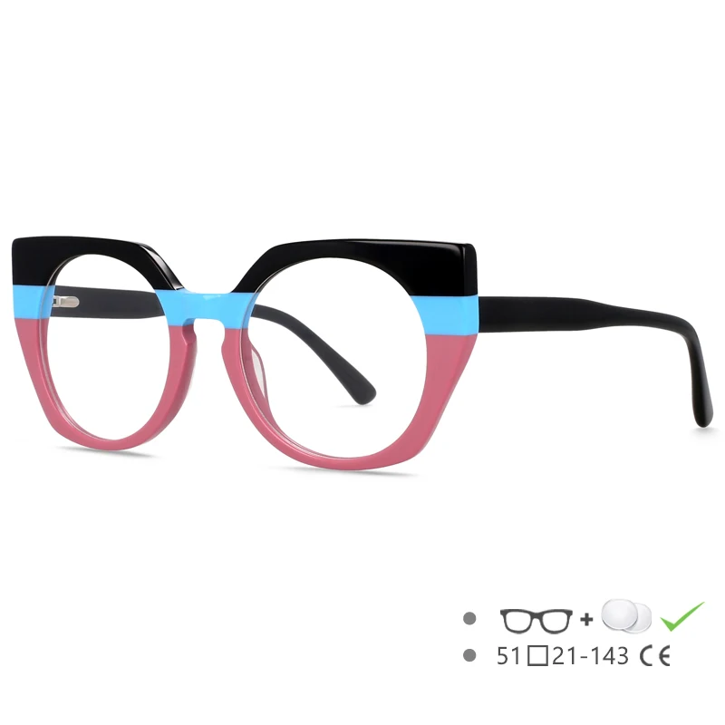 Runde Acetat-Brillenfassung für Damen, optische Korrektionsbrillenfassung, Cat-Eye-Design mit farbigen Nähten, Luxusmarken-Brillen 55272