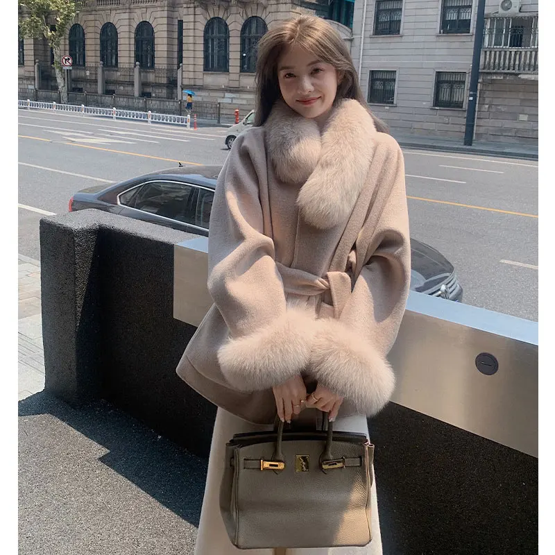 2024 Korea Gray Wollen Coat With Belt Woman Winter Chic Solid Faux Fur Collar Thick Warm Chic Long Ladies Lace Up Coat Outwear