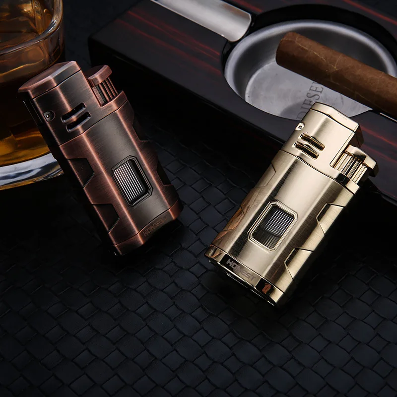 

HONEST Cigar Lighter Windproof 3 Jet Torch Metal Lighter Gas Butane Blue Flame Straight Cigar Smoking Accessories Tool Lighters