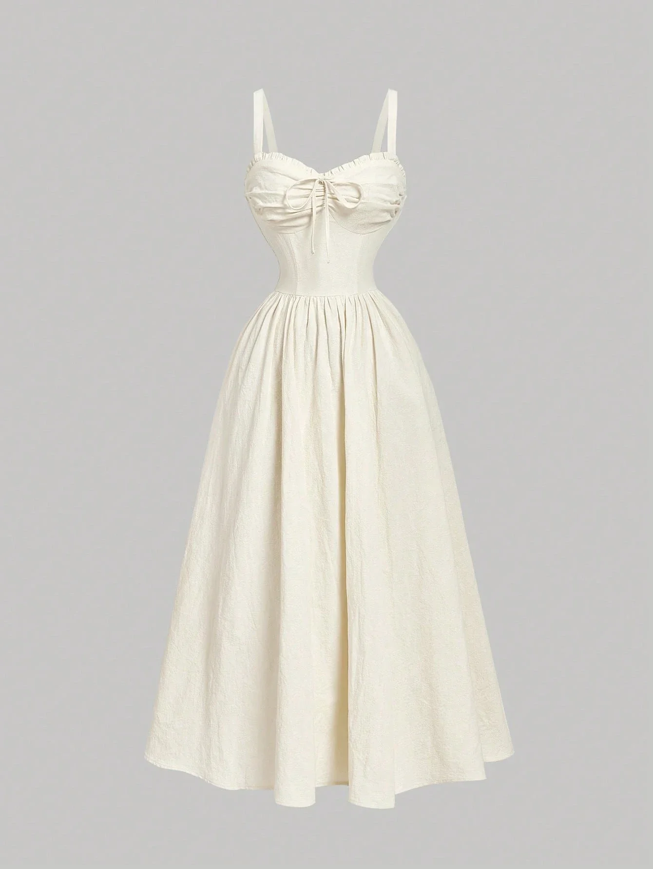 

Кремовое льняное платье миди с корсетным лифом, рюшами на груди и бантом спереди, юбка А-силуэта для летнего образа в винтажном стиле