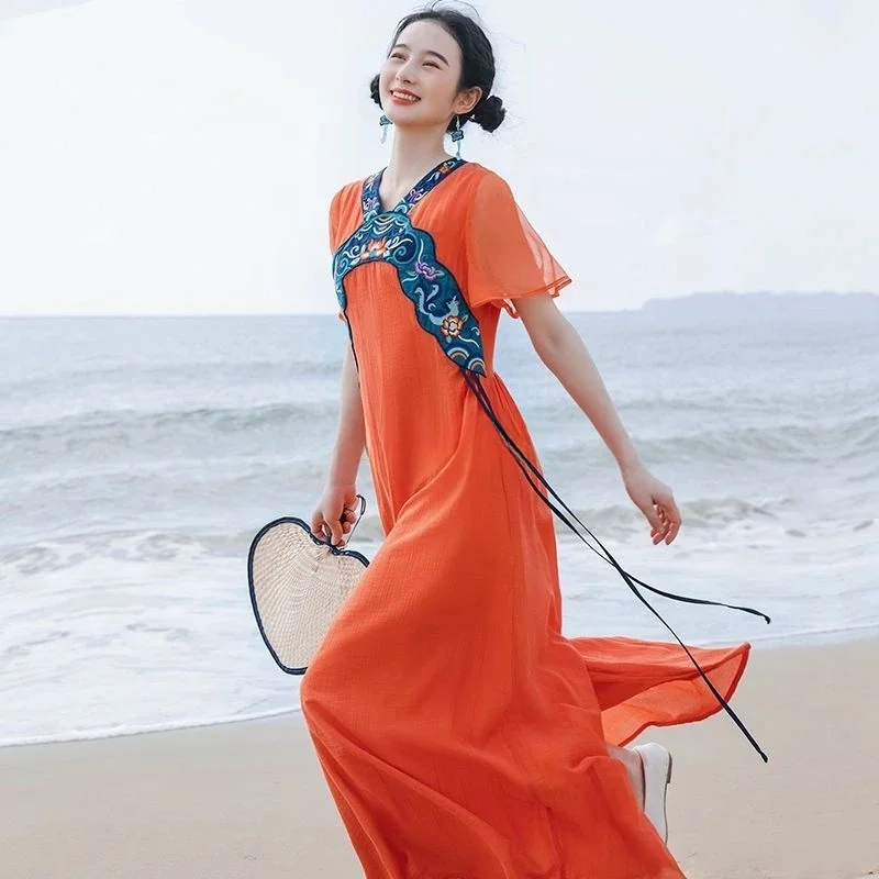 

2025 китайский этнический стиль, модный лоскутный халат с вышивкой, свободное платье для отдыха на море, утягивающее платье, ретро литературное художественное платье