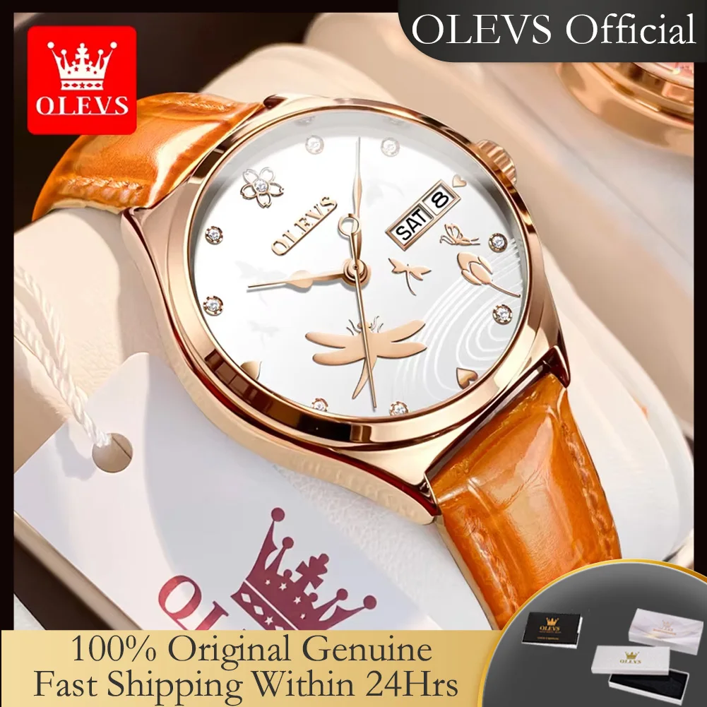 OLEVS 6611 Dual Calendar Mechanical Watch for Women Original Top Brand Leather Hand Clock Lady Waterproof Woman Automatic Watch