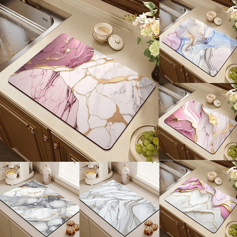 Marble Flowers Dish Drying Mat Diatom Mud Mat Absorbent Coffee Pad for Countertops Home Cafe Accessory Fashionable Table Decor