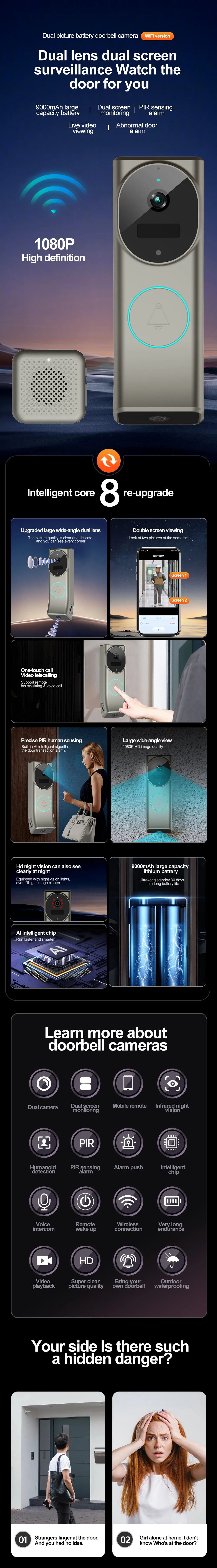 4MP UHD  Dual Lens Low Comsunption Wireless WIFI IP Doorbell Visual Door Phone Intercom Peephole Viewer Door Camera