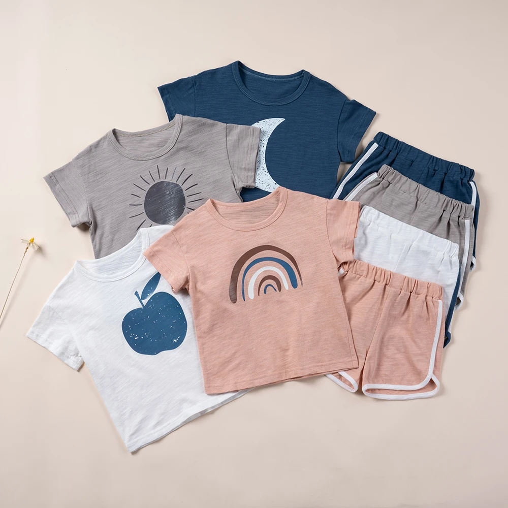 بدلة كاجوال مطبوعة بألوان قوس قزح كرتونية للفتيان والفتيات ، قطن ، تنفس ومريح ، أكمام قصيرة ، توب وشورت ، أطقم ملابس ، 2 * ، الصيف