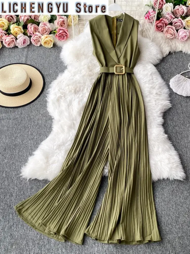 

Sweet Women Jumpsuits Pleated High Waist Notched One-piece Fashion Flared Wide Leg Pants Spring Summer