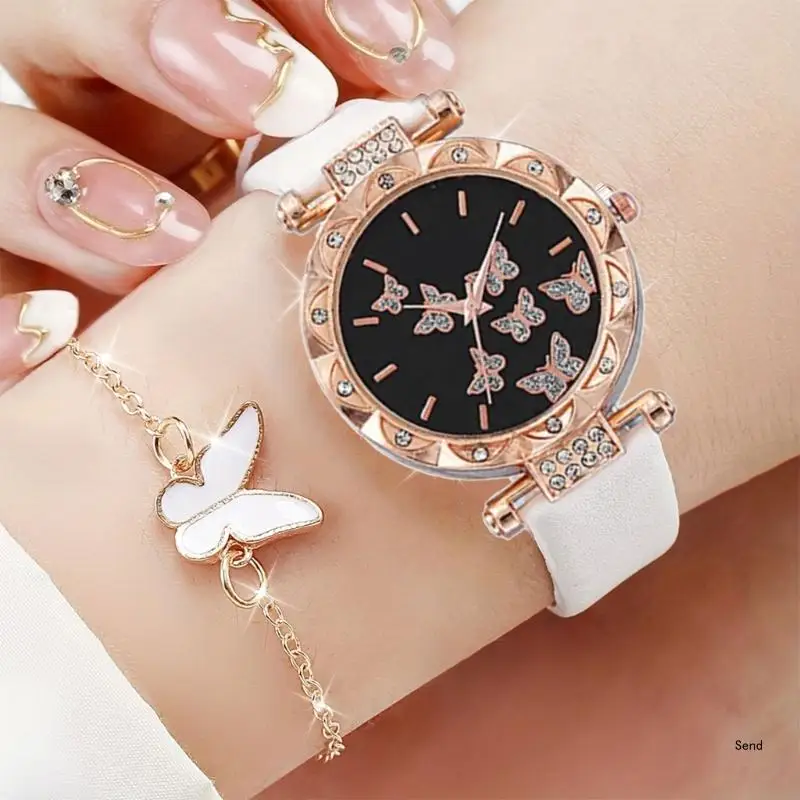 6pcs/set Luxury Watch Women Rings Necklace Earrings Bracelet Set Butterfly Leather Strap Watches Lady Wristwatch No Case