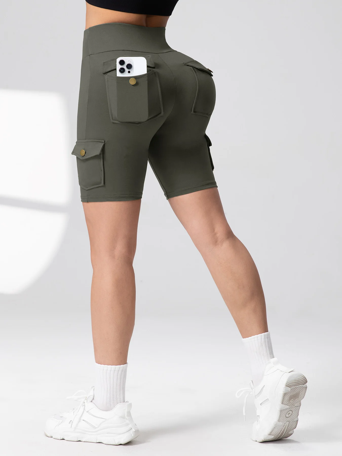 Multi-Pocket Solid Color Women Shorts Butt Lifting Multi-Pocket Workwear 5-Port… - Image 5