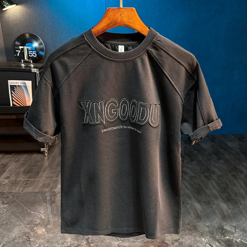 

2025 New High Street Retro Printed Round Neck Short Sleeve T-shirt for Men, Loose, Breathable, Casual Trendy Top