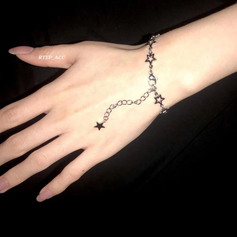 F42F Simple Five-pointed Star Bracelet Stainless Steel Couple Bracelets Fashion Jewelry Punk Star Link Bracelet for Women Men