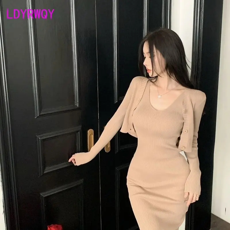 

Spring and Autumn Korean Style New Sexy Clavicle Style 2-Piece Knitted Dress Set Celebrity