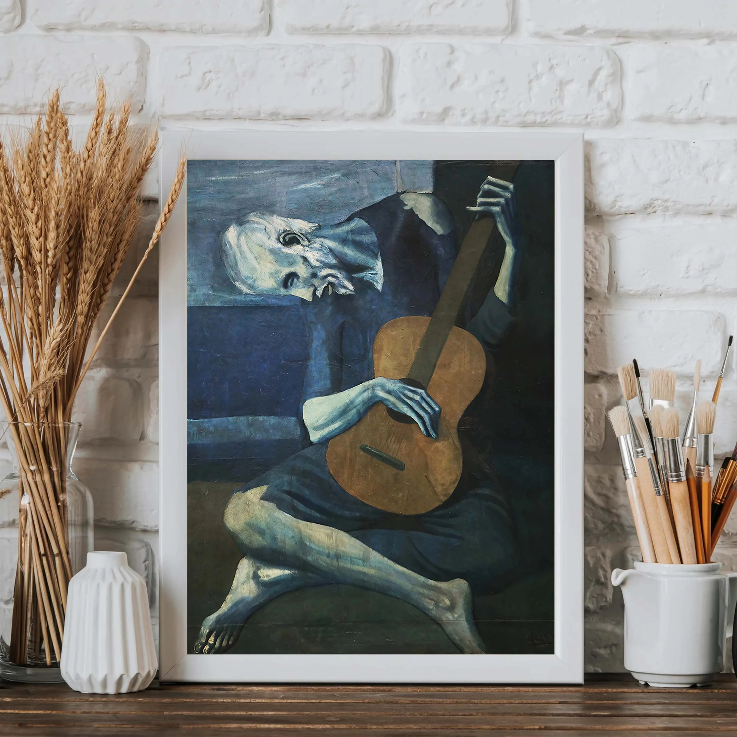 1Pc Old guitarist oil painting gold classic poster, abstract art, bedroom wall decoration, the best gift for music enthusiasts