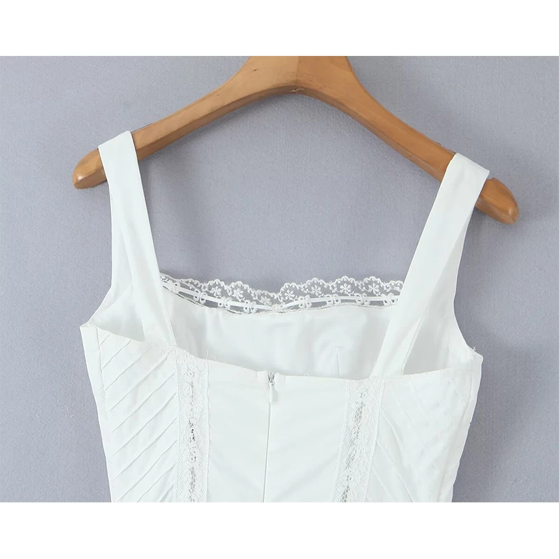 Jastie レーススプライシングエレガントなホワイトノースリーブドレス女性スクエアネック A ラインミディサマードレスパーティーローブ 2025