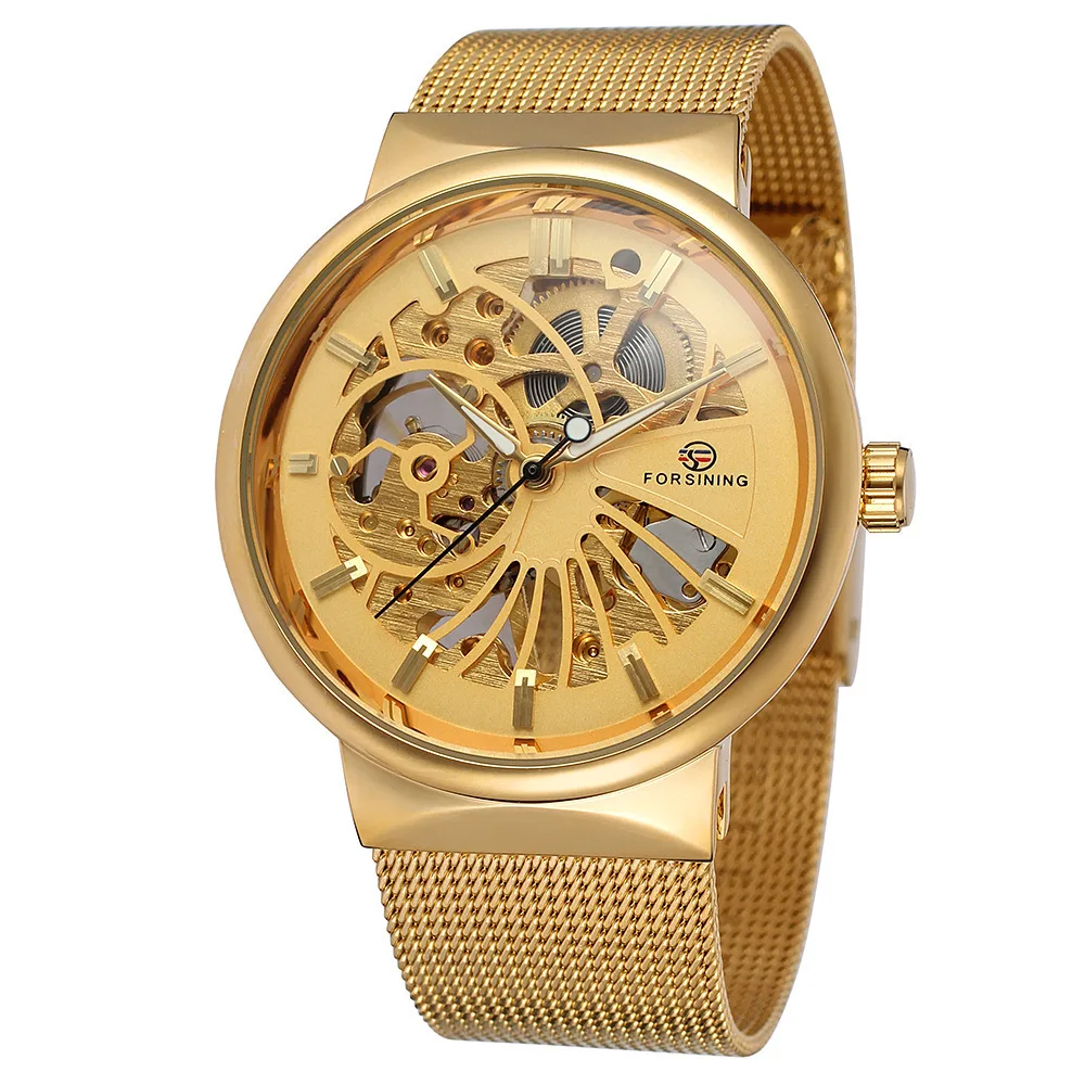 Fashion Forsining Top Brand Luxury Golden Hollow Out Men's Fully Automatic Mechanical Chain Mesh Strap Wrist Watches