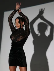 Lace Velvet Patchwork Drsses For Women Fashion Sexy Streetwear Solid Sheath Long Sleeves Turtleneck Mini Vestidos Robes Female