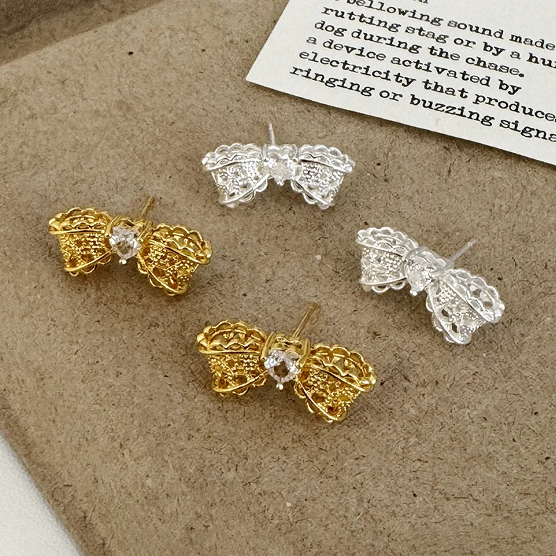 

PONYKISS Tibetan Silver 18K Gold Plated Zircon Lace Bowknot Stud Earrings for Women Cute Fashion Jewelry Minimalist Accessories