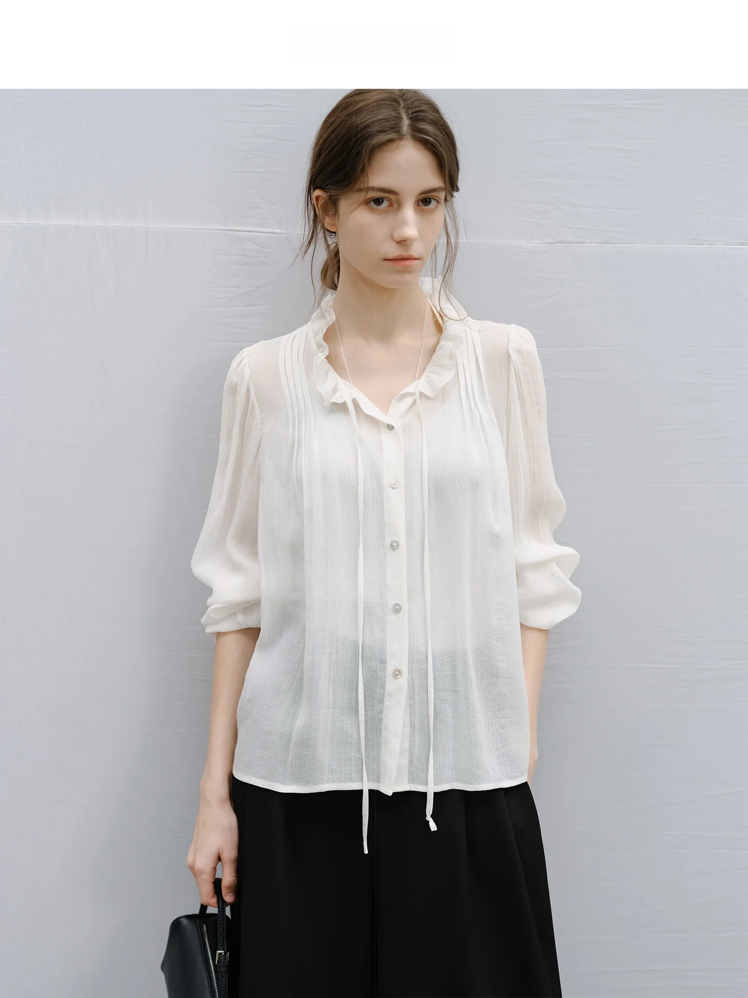 

TAGEECHITA Шелковая блузка с длинным рукавом, романтичным воротником с рюшами, легкая, для женщин, деловой повседневный стиль, модный весенний топ