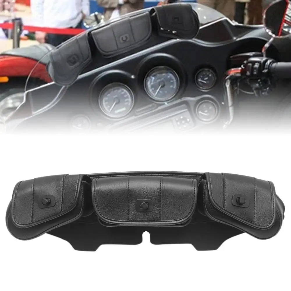 Motorcycle Windscreen Bag 3Pocket Fairing Windshield Pouch Bag Fit For Harley Electra Street Glide Touring 1996-2013 Vinyl Black