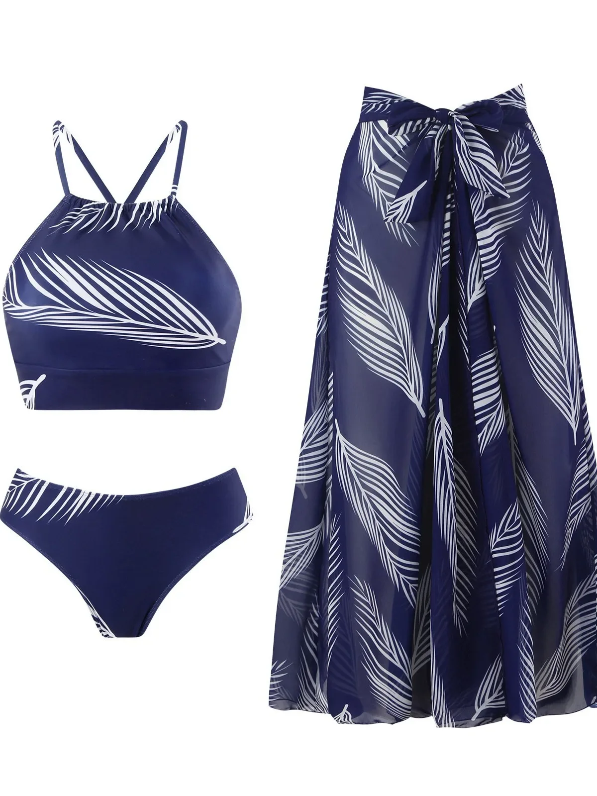 

Summer Three-piece Sexy Bikini Women Gathered Swimsuit Sling Leaf Print Swimwear Tight Beachwear High Waist Pool Bikini Set 2025