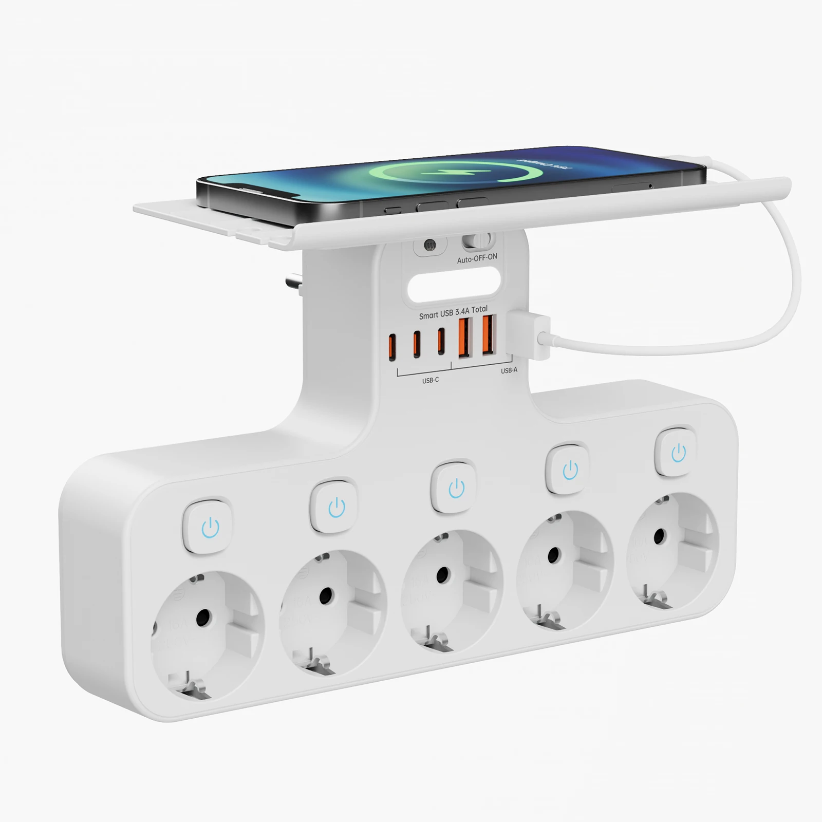 Eu Ac Plug 4000W Onafhankelijke Schakelaar Wandmontage Stekkerdoos Outlet Afneembare Opbergrek Lade met Nachtlampje USB C-poorten - afbeelding 2