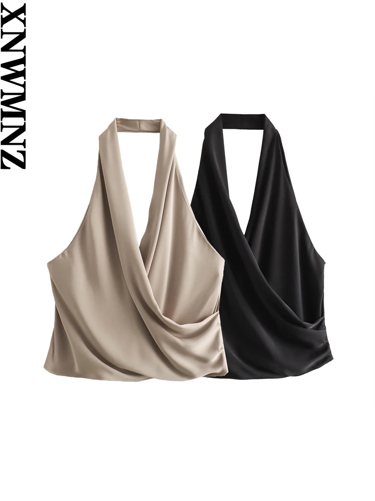 XNWMNZ Women's Fashion 2023 satin halter top women high street backless side pleated versatile female chic top