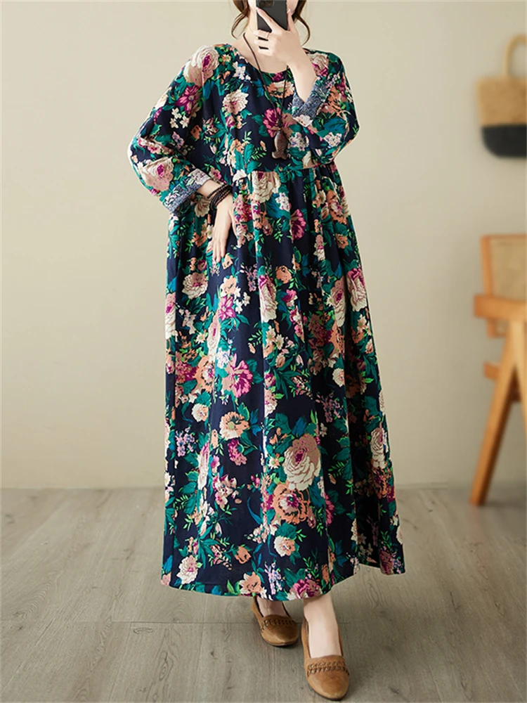 Robe vintage en coton à manches longues pour femmes, robes imprimées florales surdimensionnées, robe décontractée d'automne, vêtements éducatifs élégants, 2024