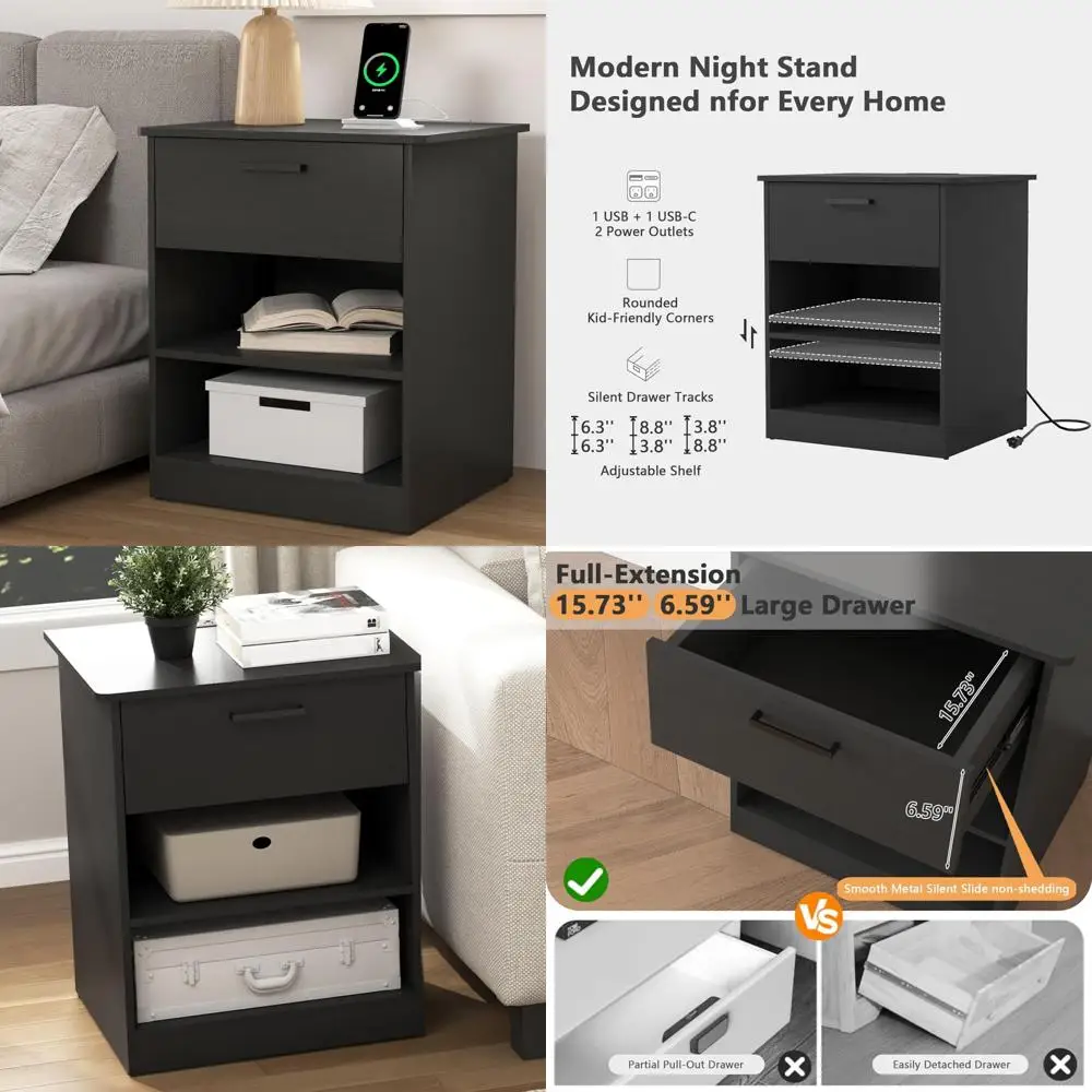 Contemporary Charging Nightstand with USB-C Ports and Power Outlets, Spacious Drawer Side Table for Bedside Use