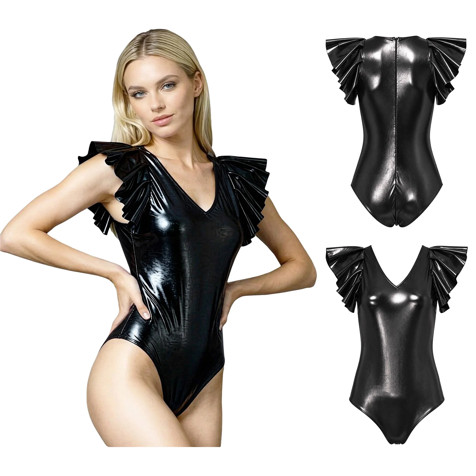 Womens Metallic Shiny Bodysuit Long Sleeves Ruffled Ballet Dance Gymnastics Leotard Catsuit Swimsuit Rave Pole Dancing Clubwear