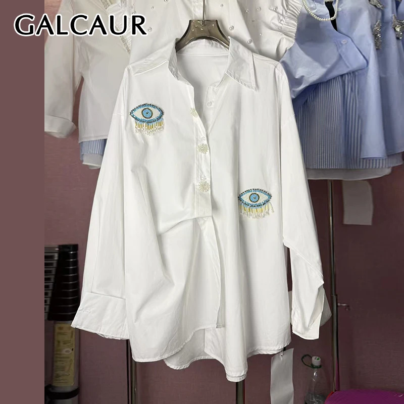 

GALCAUR Solid Slimming Fashion Spliced Bead Blouse for Women Lapel Long Sleeve Patchwork Buttons High Street Top Female Clothing