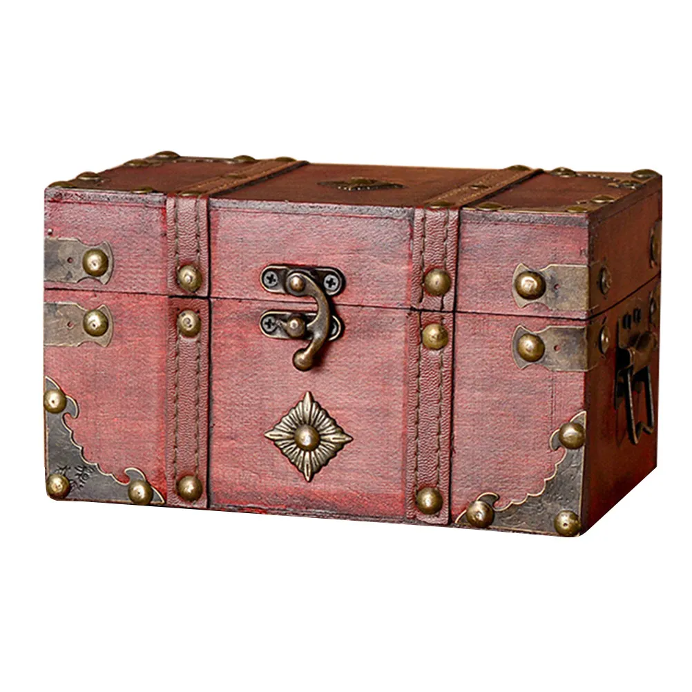 Retro Wooden Treasure Chest Handcrafted with Carved Patterns Round Rivet Strips Storage Box for Jewelry Rings Earrings