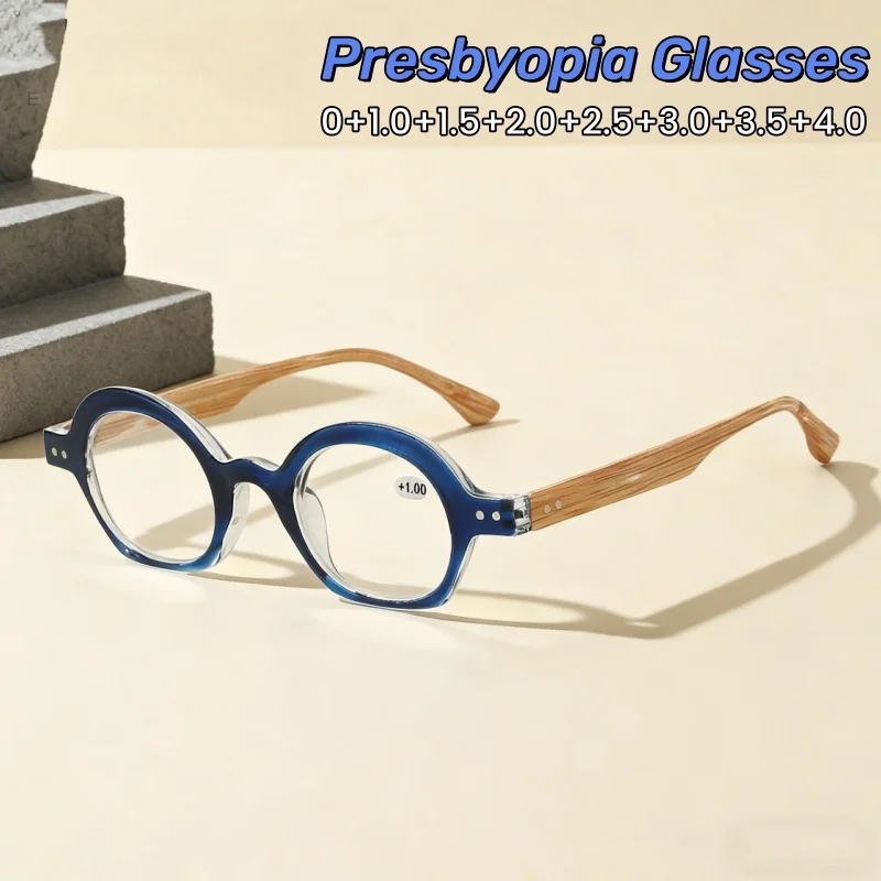 

Round Reading Glasses with Wood-grain Imitation Rice Nails Unisex Luxury Designer Lenses Anti-Blue Light Eyeglasses 0 TO +4.0