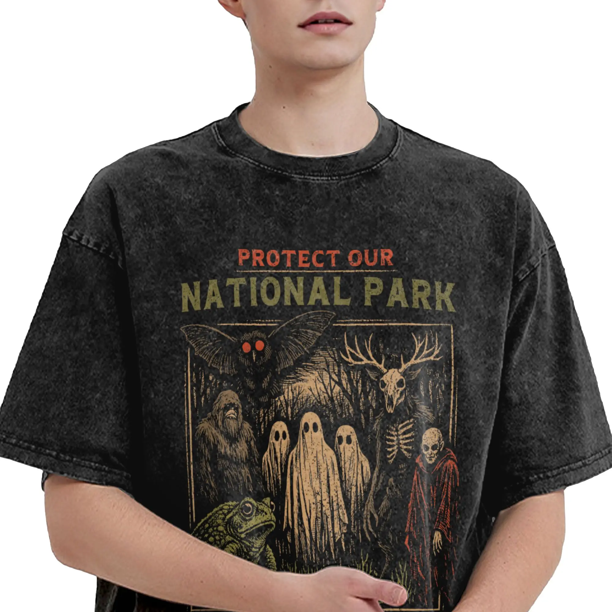 Protect National Parks Bigfoot Mothman Ghost Forest Demon  T Shirts Hip Hop Washed Short Sleeve High Street T-Shirt