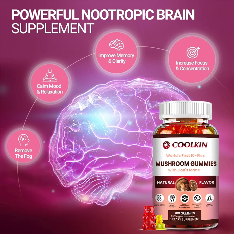 Mushroom Gummies - Nootropic Brain Supplement, Helps with Concentration, Memory, Stress Relief, and Mood Improvement