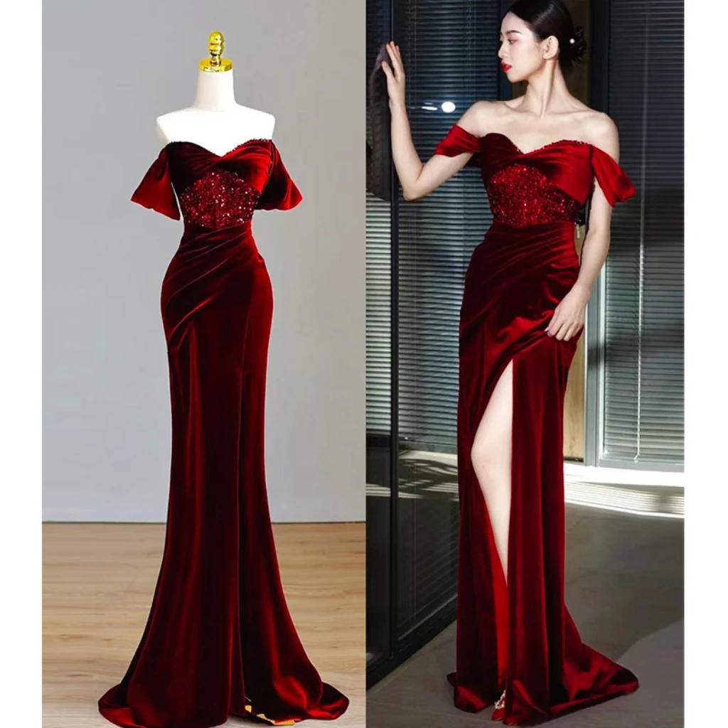 

Shinny Burgundy Prom Dresses Strapless A Line Floor Length Sleeveless Backless Luxury Sequin Formal Wedding Party Evening Gowns