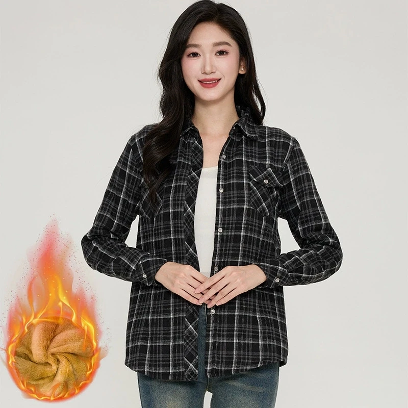 Vintage marrom feminino camisas xadrez moda coreana fino temperamento senhora do escritório camisa jaqueta outono inverno grosso velo outwear topo