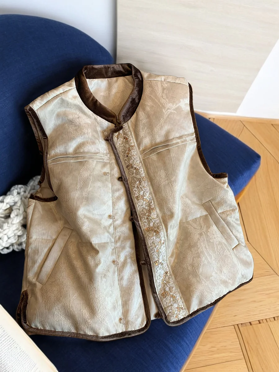 

Жилет с круглым вырезом в китайском цветочном узоре, осенние модные однобортные пальто, повседневные универсальные толстые облегающие топы