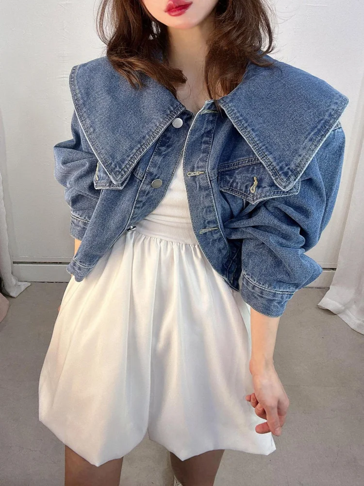 

Sweet Sle Doll Collar Denim Jaet Women's Loose Silhouette Design ort Top Autumn New Arrival Faion Outerwear
