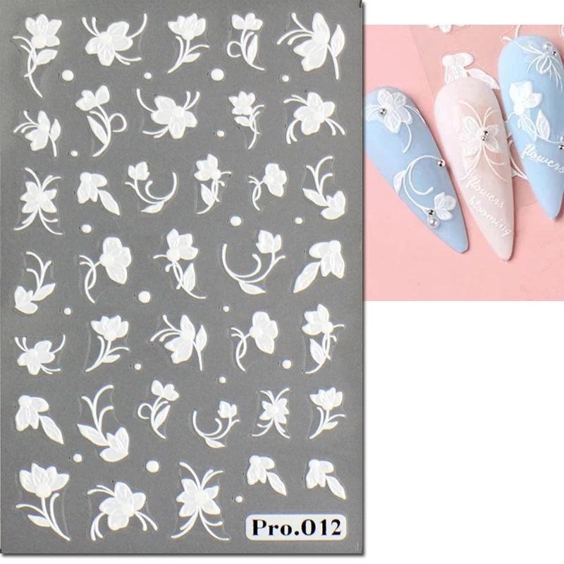 Autocollants pour ongles en relief 5D, élégants, transparents, fleurs blanches fleuries, curseur adhésif, décorations pour manucure