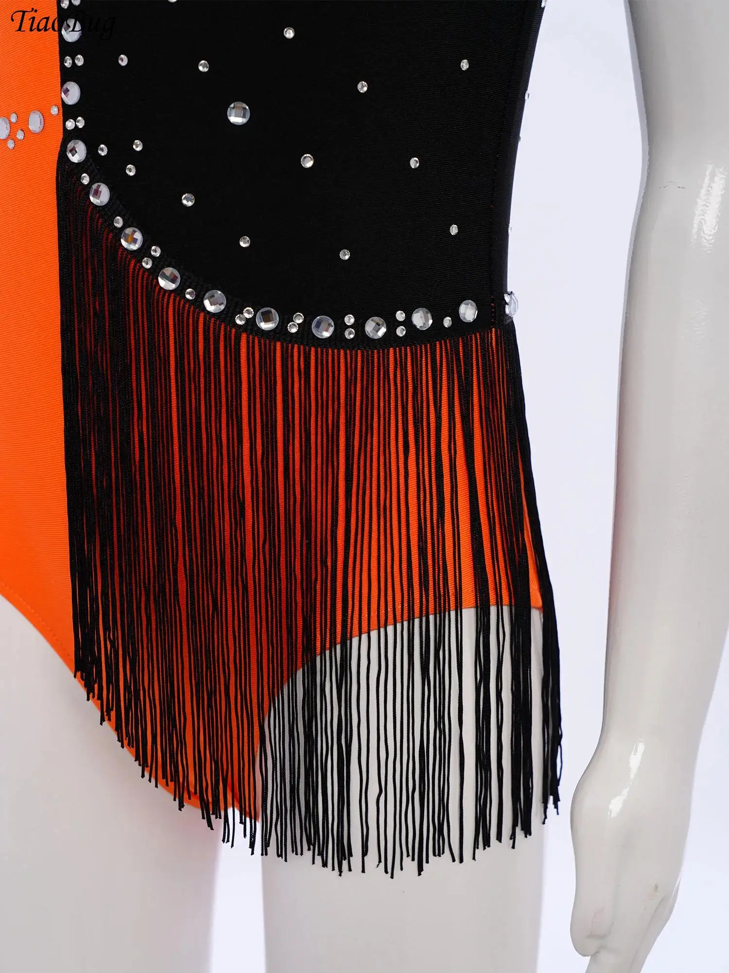 

Kids Girls Gymnastics Leotard Sleeveless Shiny Rhinestones Tassels Dance Bodysuit for Figure Skating Ballet Latin Jazz Dancewear